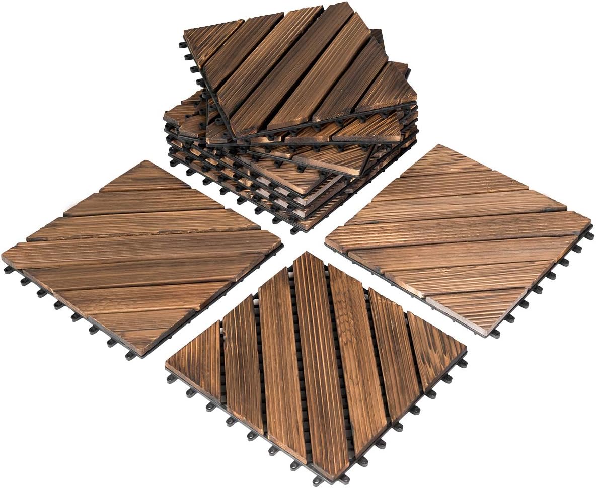 Giantex 11 PCS 12" x 12" Floor Tiles, Interlocking Wood Deck Tiles, Patio Pavers, Indoor and Outdoor Flooring Decking Tiles, Diagonal Pattern, Brown (1)