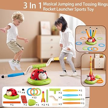 3 in 1 Musical Jump, Toss Ring Game and Stomping Launch Rocket Launcher for Kids Outdoor Toys with Remote Control, Indoor Outside Toy for Kids Ages 4-8 Toys for Ages 5-7 8-13 Birthday Gifts