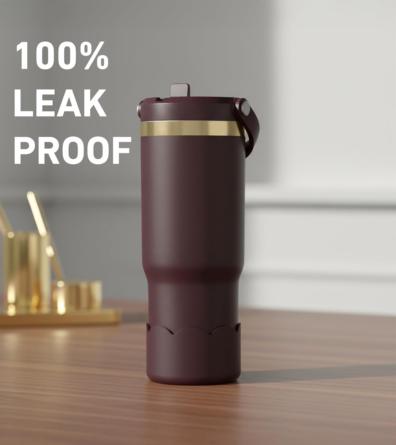 Hydrapeak Nomad 32 oz Tumbler with Handle and Straw Lid, Scallop Silicone Boot, Gold Trim, Leakproof, Double Insulated Stainless Steel Cup (Seafoam) - Image 5