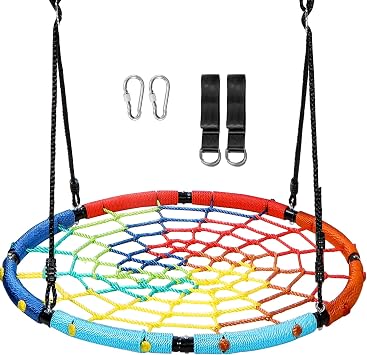 RedSwing 40" Spider Web Swing for Kids Outdoor, Rope Round Flying Web Swing for Tree with Hanging Straps for Playground Backyard, Heavy Duty Capacity 750lbs, Rainbow