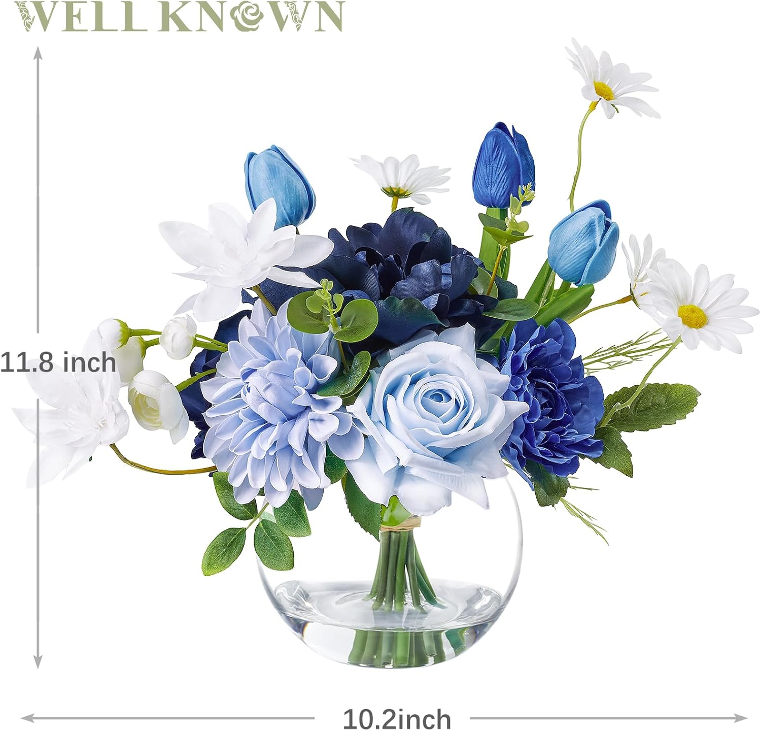 WELL KNOWN Artificial Flowers with Vase Silk Flower Arrangements in Round Bowl Vase with Faux Water for Home Table Decoration (Mixed Blue) - Image 6