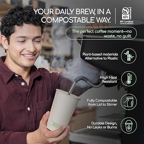 Miniatura 7 de Living Balance - Tazas de café compostables certificadas con tapas de bagazo, 16 onzas, paquete de 75 tazas con agitadores y mangas integradas, a