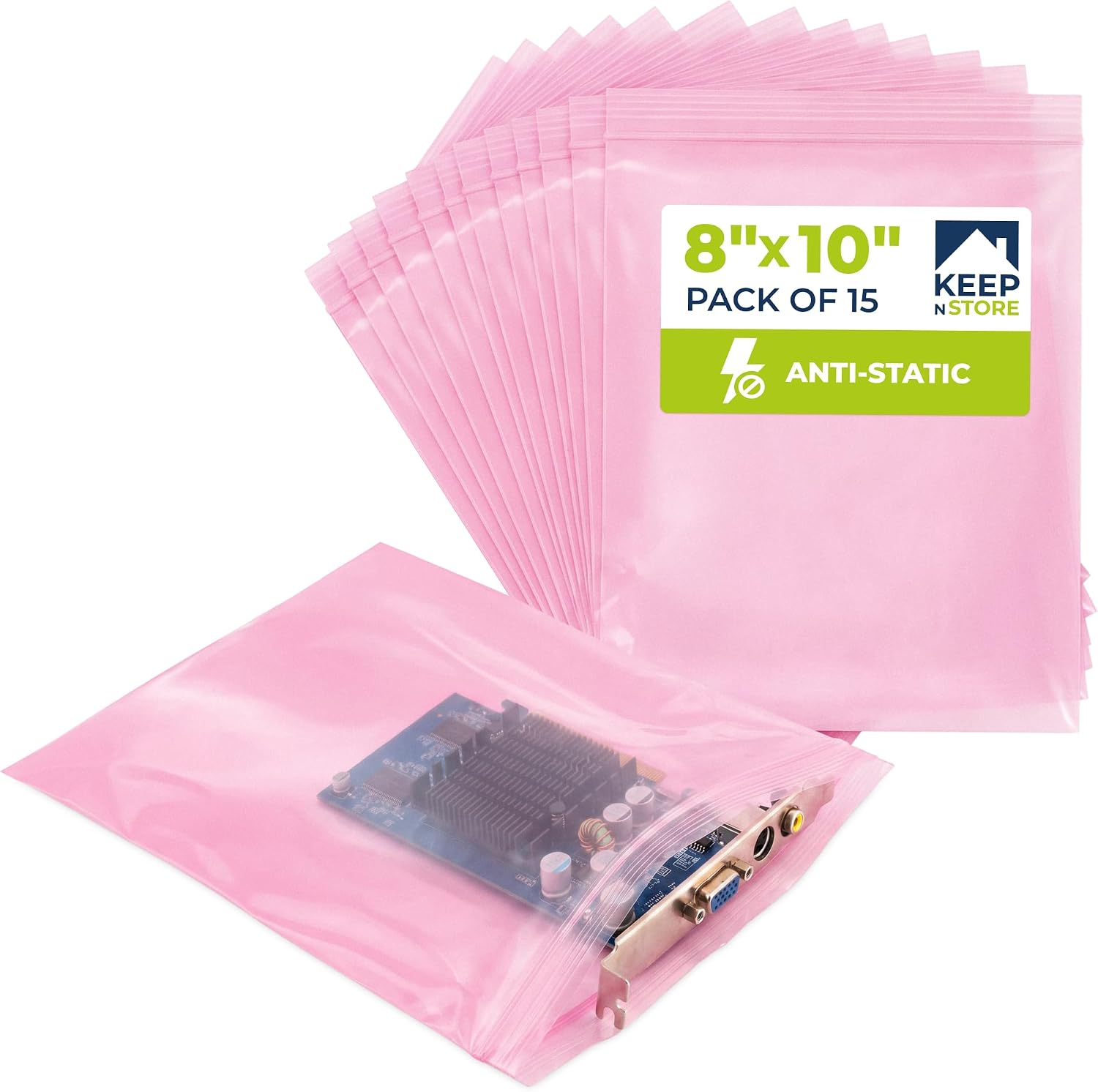 8" x 10" Pink Anti-Static Resealable Poly Bags, Pack of 15 - ESD Safe 4 Mil Plastic Bags for Electronics & Computer Parts, Industrial Anti-Static Packaging, Double-Track Zip Seal