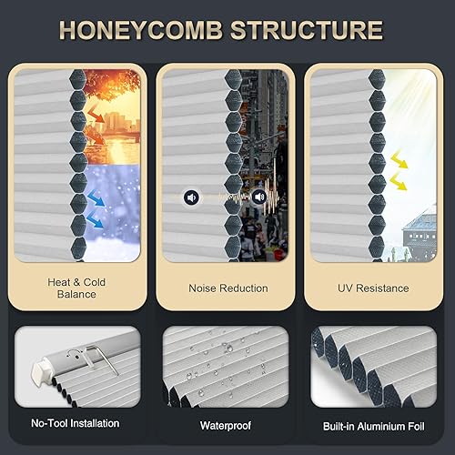 Miniatura 4 de MANSNIX Persianas celulares opacas sin cables, sin herramientas, sin taladro, persianas de panal para ventanas, aislamiento térmico, fácil limpieza,