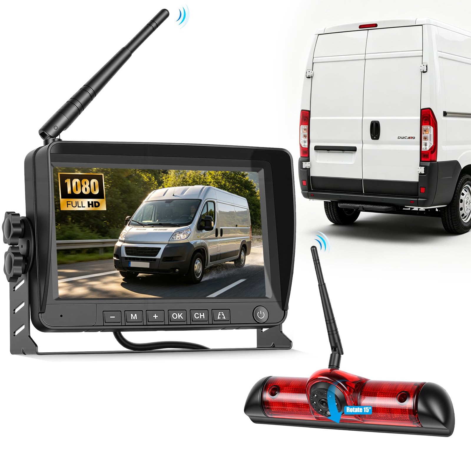 CAMECHO Cámara de Marcha Atrás Inalámbrica para Fiat Ducato Late 3 Gen/Peugeot Boxer/Citroën Jumper 2006-2017, con Monitor de 7″ HD IPS, Visión Nocturna Cámara para Coche IP67 DVR BSD 140°