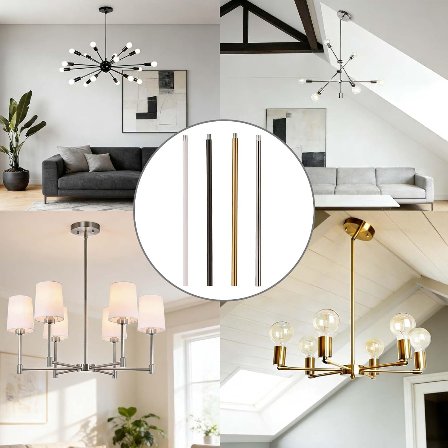 KC&KST M10 Threaded Light Extension Rod Combo Set - 4x6" & 4x12" Rods with Sloped Ceiling Adapter, for Pendant/Chandelier/Island Lighting, Lighting Fixture Downrods & Stems(4 x 6''+4 x 12''-Silver)