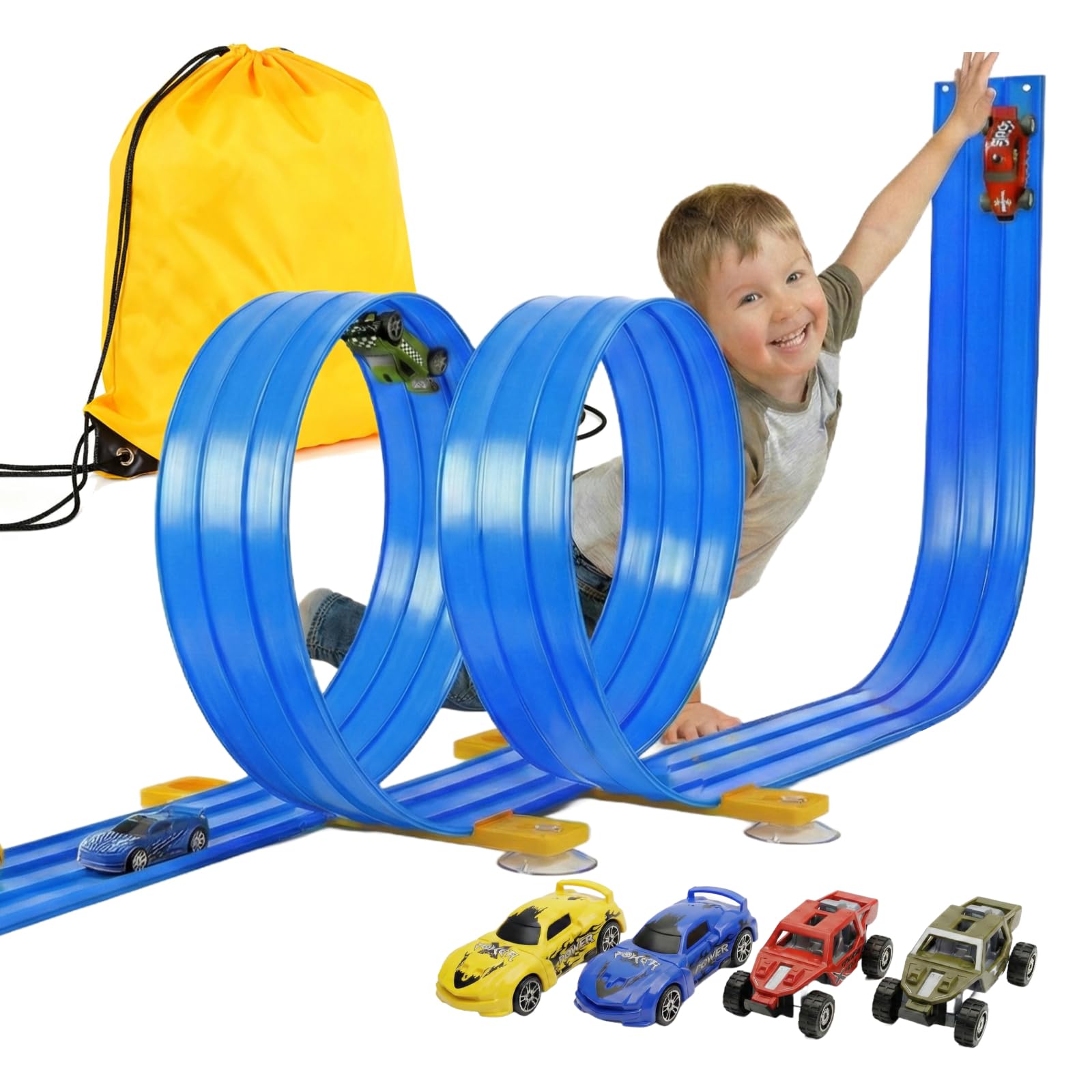 Kosmoflux 3-Lane Flexible Race Track Set, 5M Wide Bendy Car Track with 2 Loops, 2-in-1 Gravity & Pull-Back Racing Car Toy for Loops, Jumps, Ramps, Indoor Outdoor Gift for Boys Girls 3-8 Years (Blue)