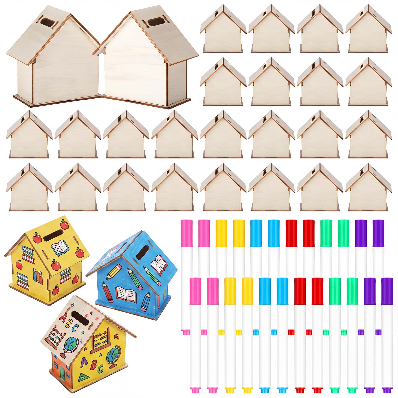 Briwooody 12 Set Wooden House Piggy Banks with Coloring Pen, Blank Coin Box