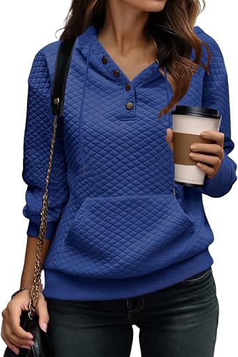ZWRXW Sweatshirt for Women Quilted Pattern Lightweight Sweatshirts Button Henley Neck Pullover Tops Dressy Long Sleeve Shirts