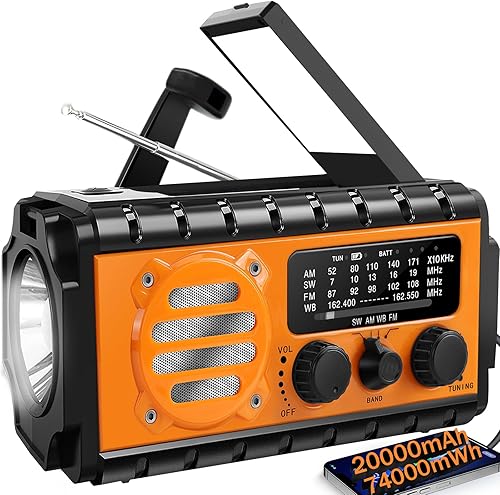 Radio de emergencia con manivela de 20000 mAh, radio meteorológica SWNOAAAMFM, manivela accionada por energía solar con batería Bige, portátil,