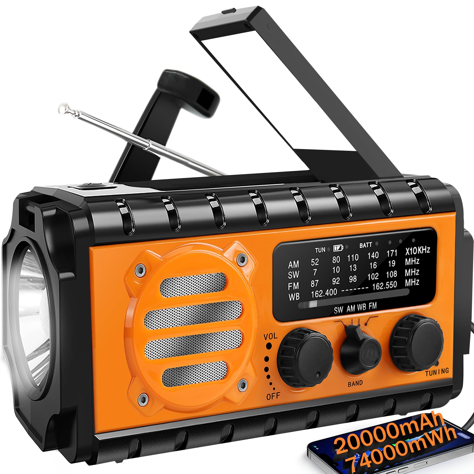 20000mah Hand Crank Emergency Radio,SW/NOAA/AM/FM Weather Radio, Solar Powered Hand Crank Chager with Bige Batery Powered,Portable,Cellphone Charge,SOS,Flashlight for Emergency/Home (Orange)-image-14