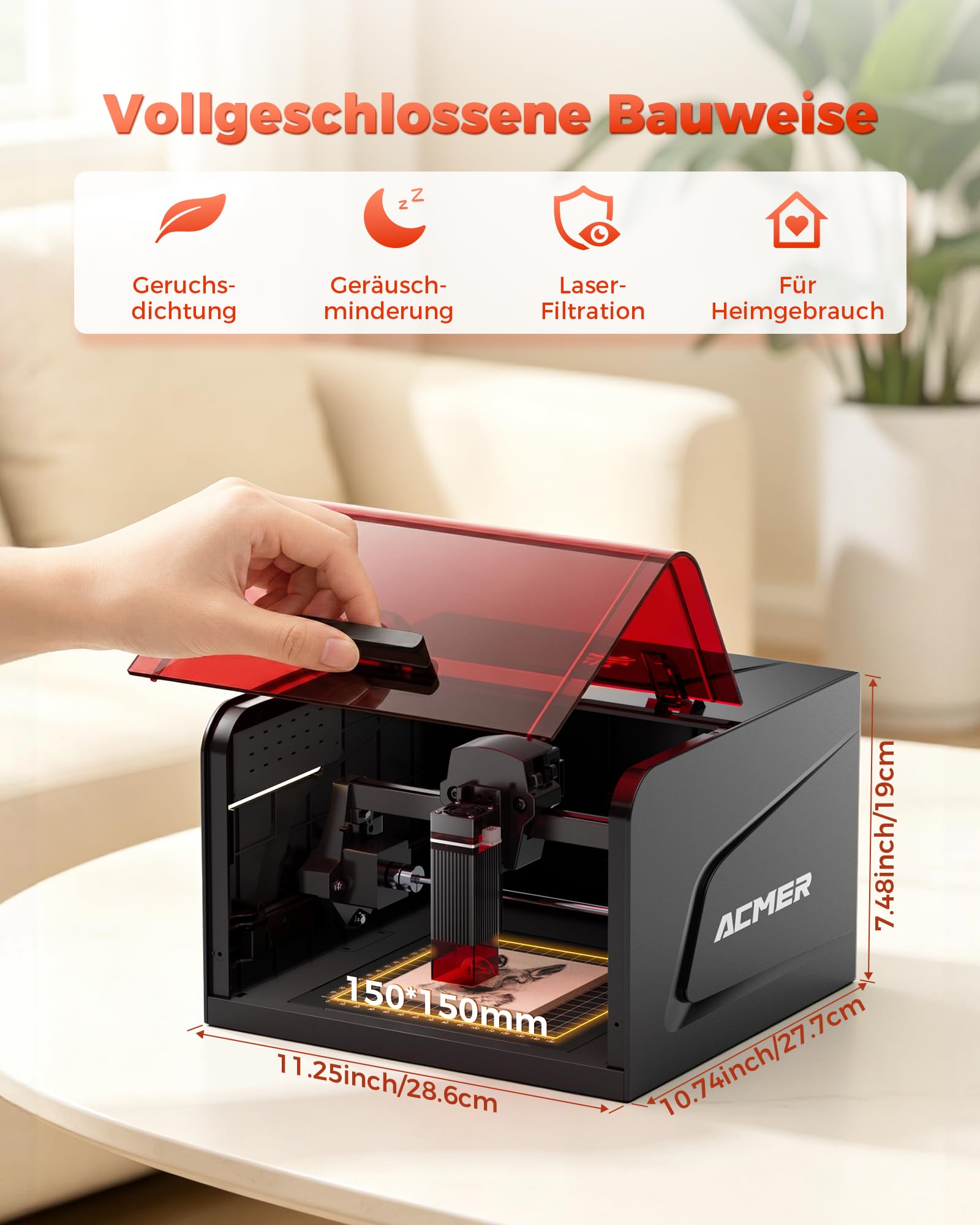ACMER K1 12W Laser gravurmaschine, Klasse 1 Geschlossener Lasergravur Maschine mit Rauchabzug, 0.01mm Hochpräzise Laser Cutter & Gravur für DIY, Holz, Glas, Leder, Metall und Geschenkherstellung
