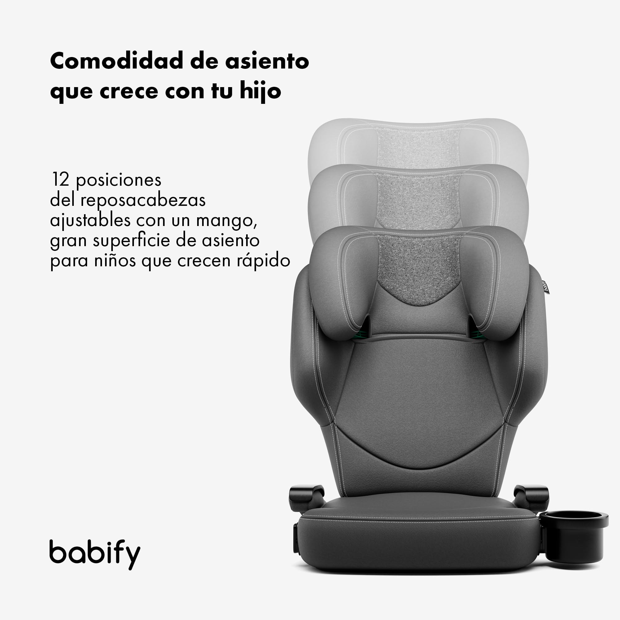 Babify Silla Coche Isofix 15-36 kg - Para Niños 3-12 Años, Reposacabezas Ajustable 12 Posiciones, Portavasos Extraíble, Plegable, Funda Lavable, Cumple R129 UE, Gris
