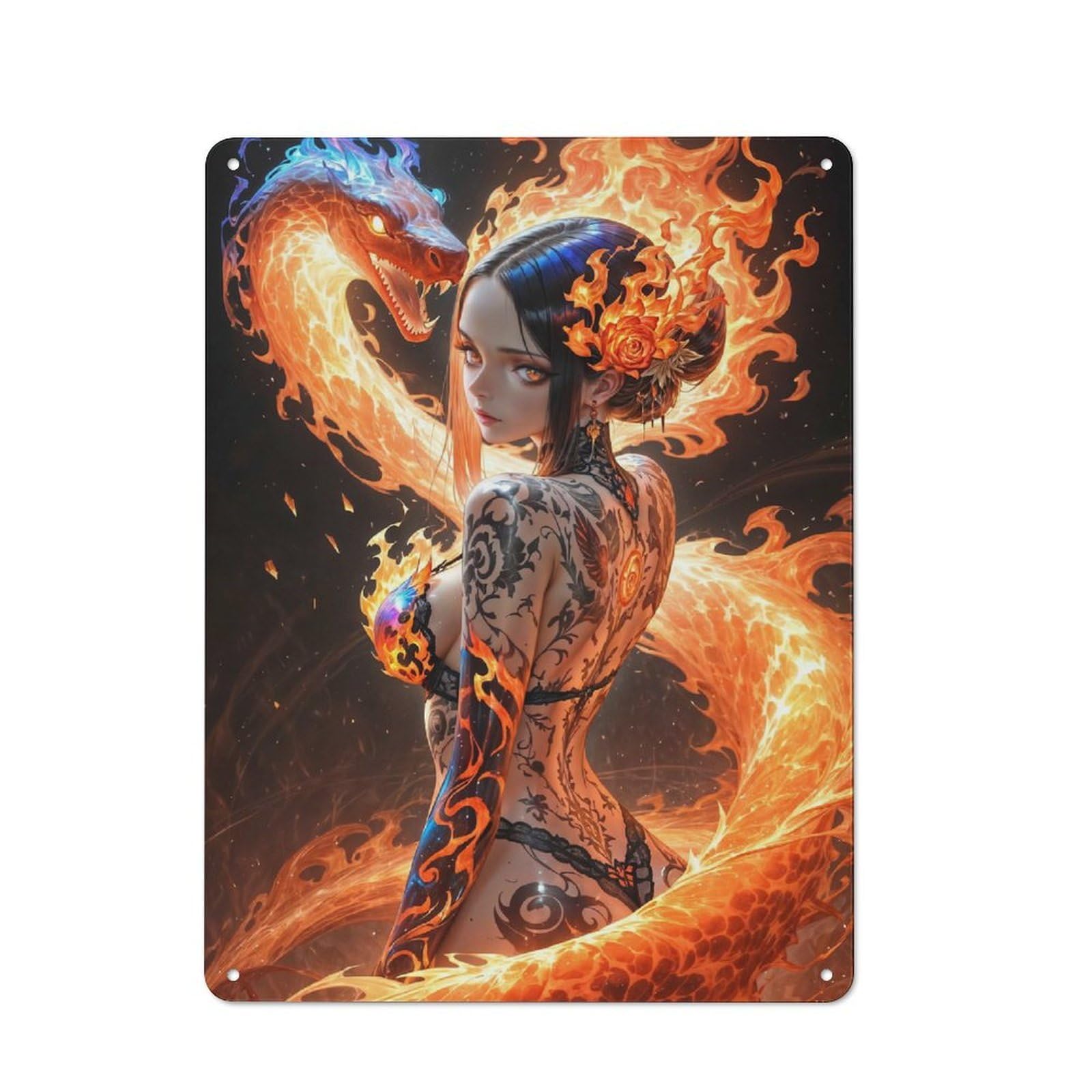 Junmoney Style Shed Decorative Metal Plaque 40X30cm Featuring Fire Dragon & Woman, Porch Wall Decor For Patio Bar, Workshop, Shed Or Kitchen