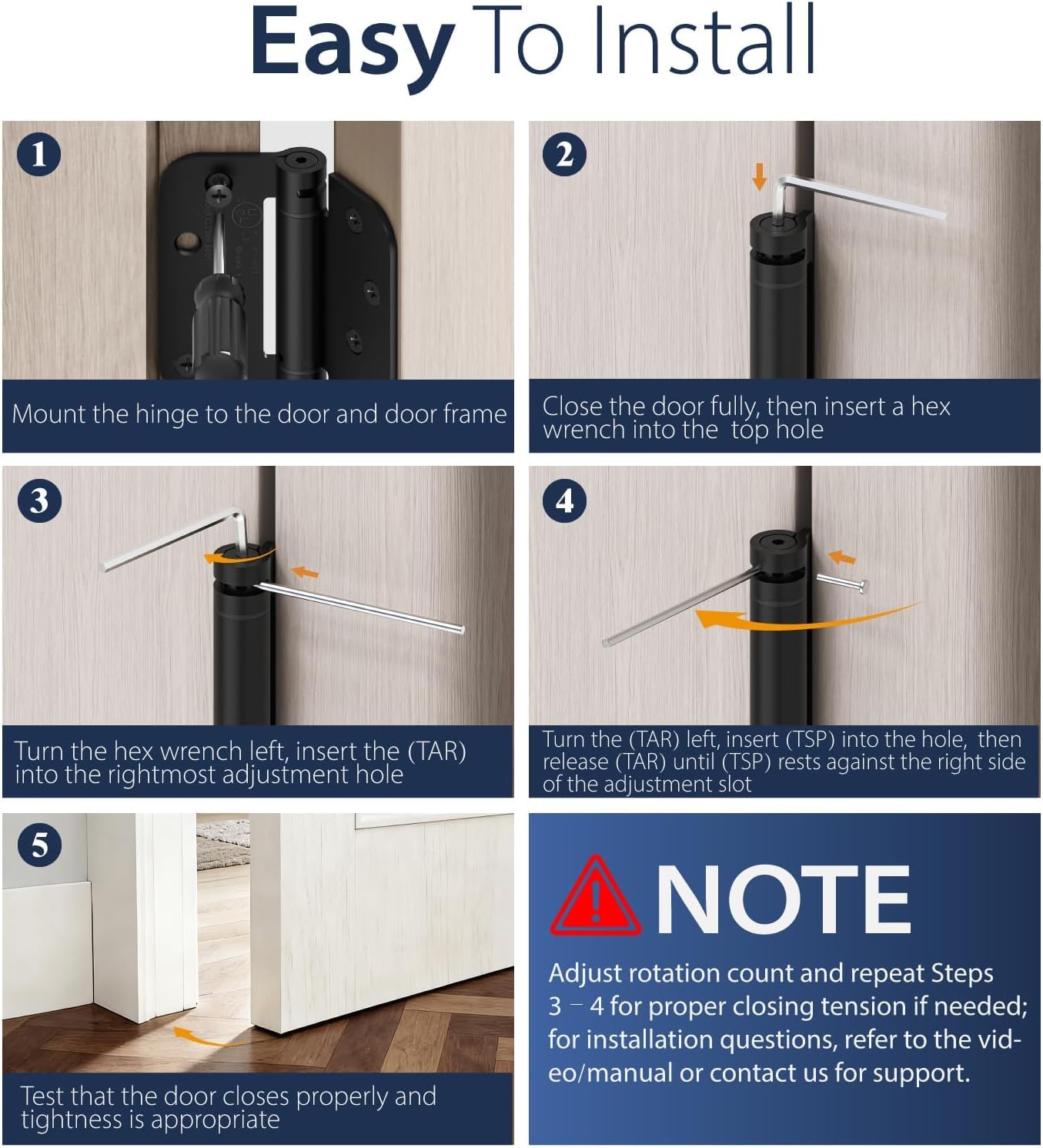 4-Pack Self Closing Door Hinges, 4 Inch Spring Loaded Door Hinges, Adjustable Tension for Exterior,Garage, Front Back Door,Left Right Hand Door, 5/8'' Radius Corners,UL Listed,Black