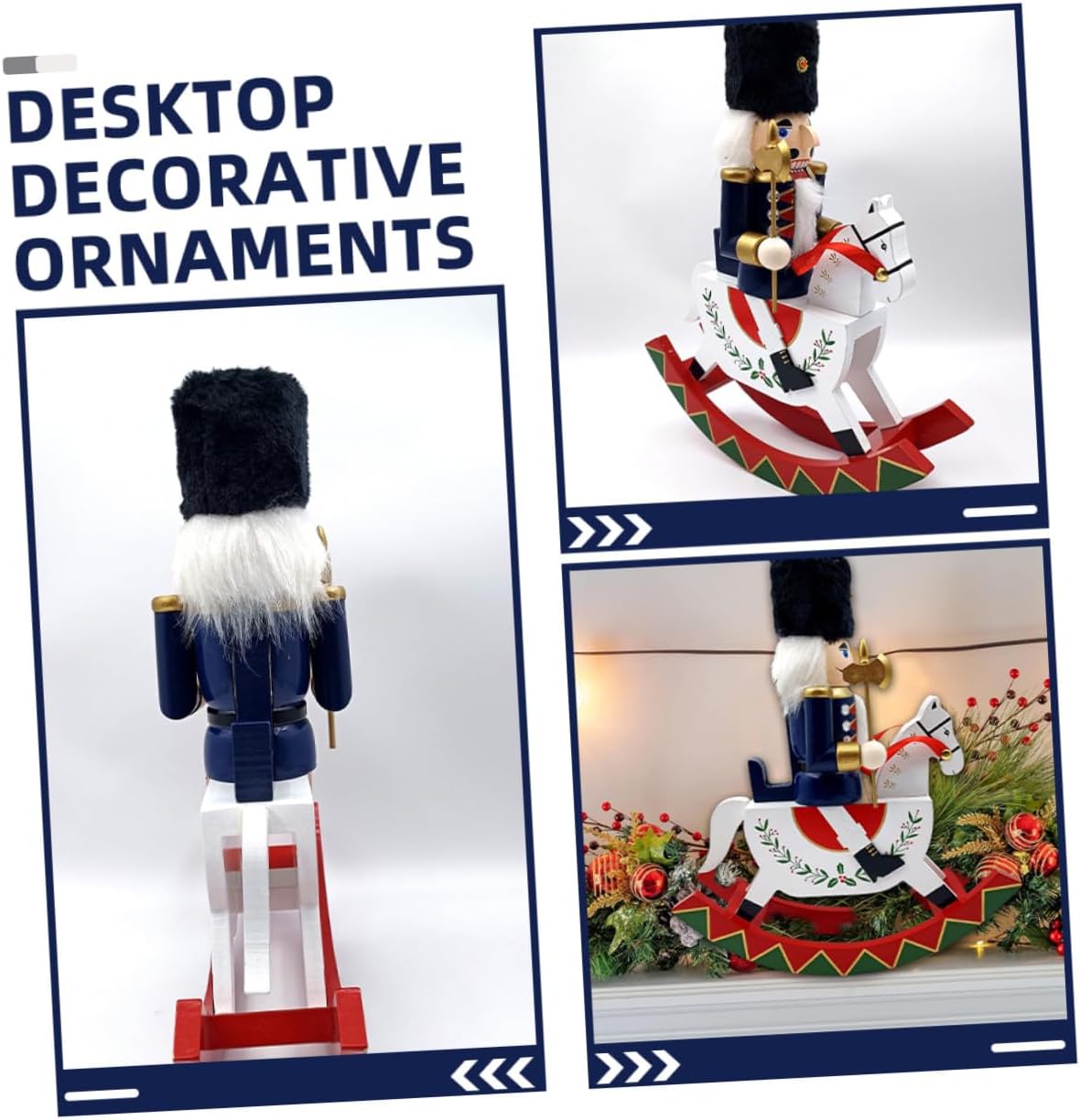 GARVALON Wooden Christmas Nutcracker Soldier Figurine Rocking Horse Large Tabletop Holiday Decoration for Home Seasonal Festive Display