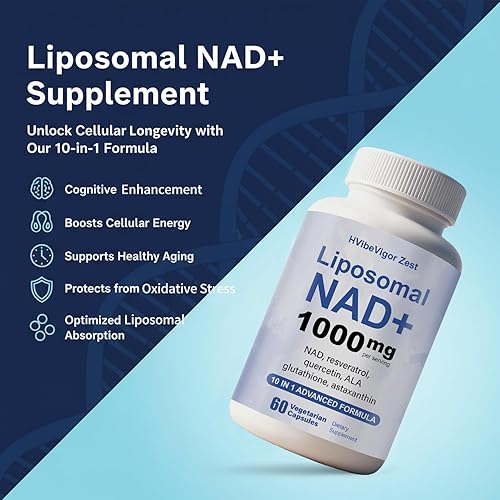 Miniatura 3 de HVibeVigor Zest Suplemento liposomal NAD+ de alta pureza de 1000 mg  Fórmula 10 en 1 con alternativa a NMNH, resveratrol, ALA, glutatión  para