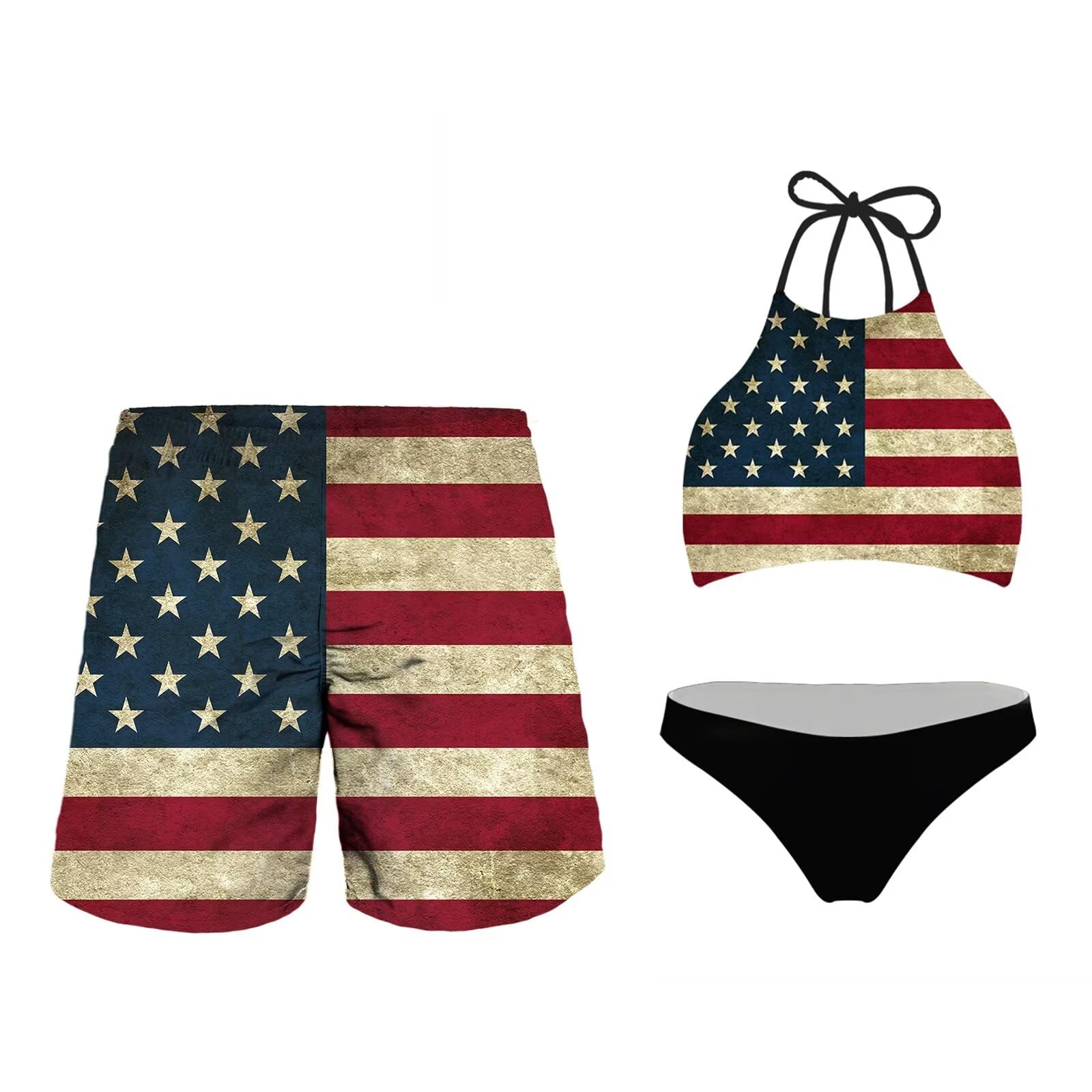KEIAHUAN Matching Couples Swimsuit Vintage Style Matching Swimwear Bathing Suit American Flag Patriotic Decor Men Trunk Beach Shorts-XL