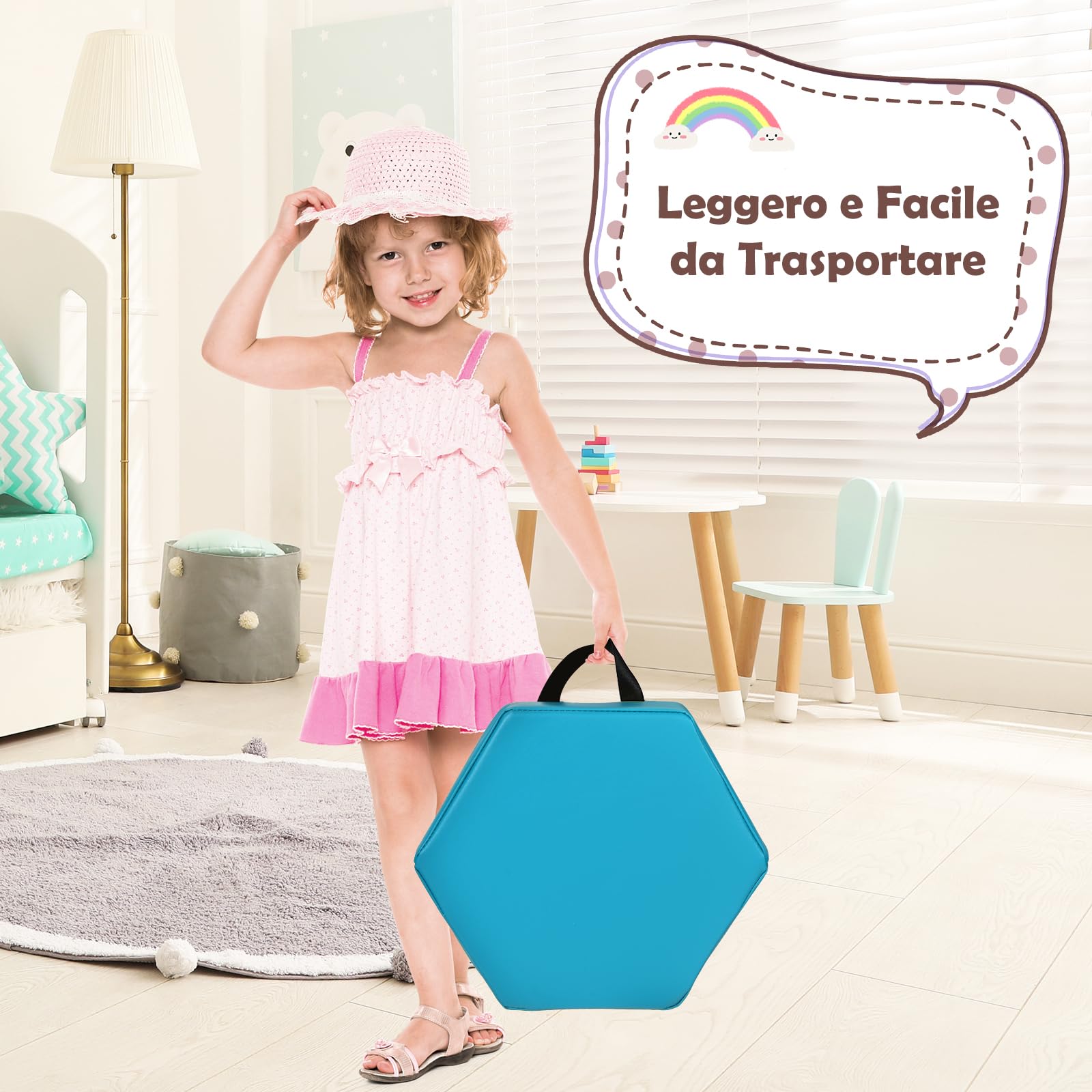 GYMAX Set di 6 Cuscini Esagonali per Bambini 3+, con Maniglia di Trasporto, Impermeabili per Attività Interno Esterno, Tappeto da Gioco Genitore-figlio, 38 x 34 x 5 cm (Blu)