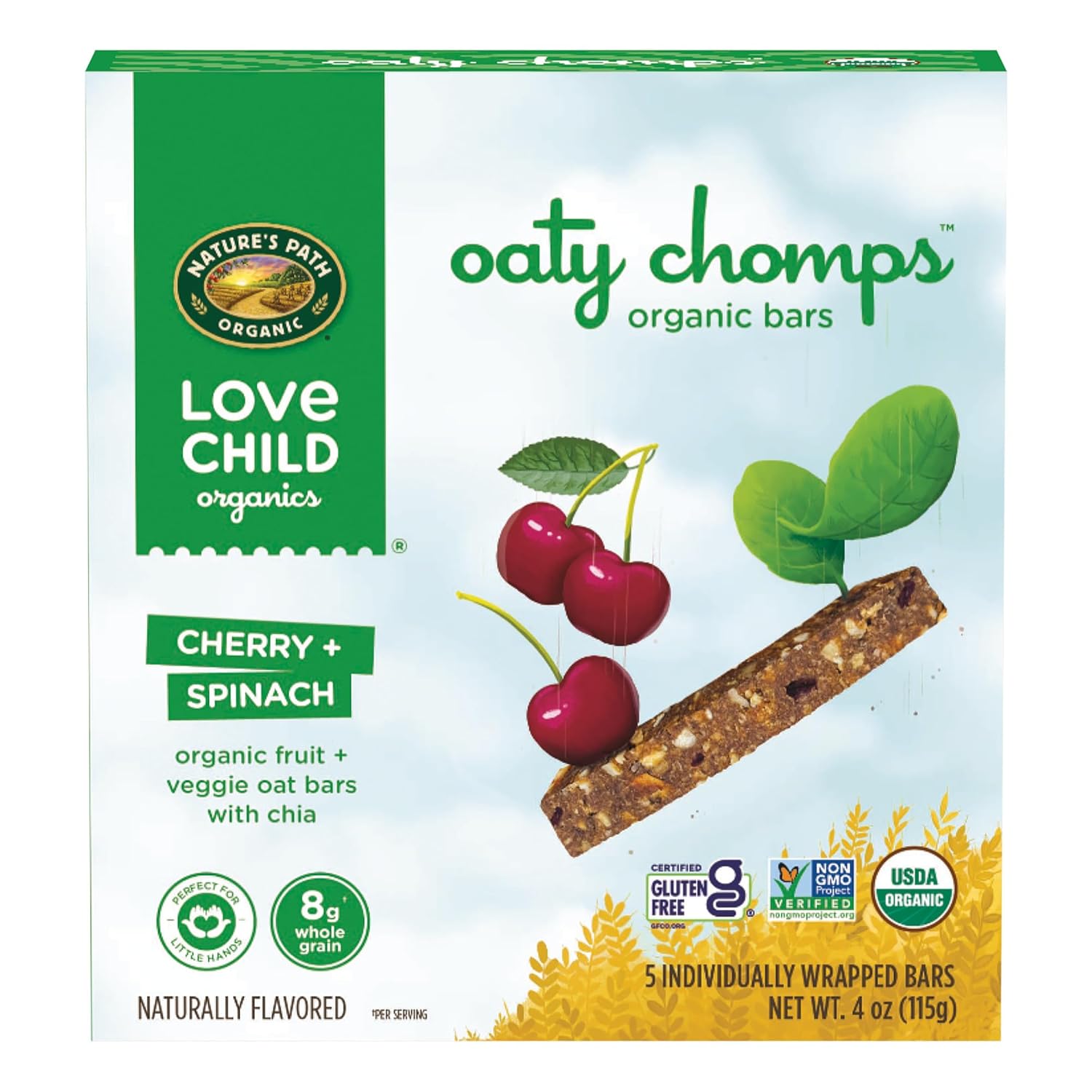 Love Child Organics Oaty Chomps Cherry + Spinach Snack Bars, 4 oz (Pack of 8), Gluten Free, Non-GMO, by Nature's Path