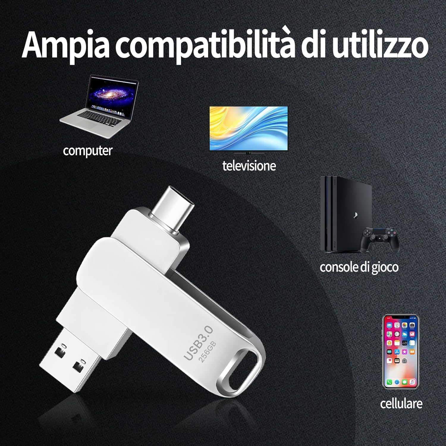 Memoria USB C 256GB, Dual Drive Pendrive Tipo C y USB OTG 2 en 1 Portátil Impermeable Dual Pen Drive USB C Metal Alta Capacidad Memory Stick para iOS Smartphones,Android, Pc, Tabletas-USB — view 4