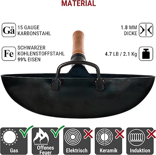 Miniatura 5 de YOSUKATA Sartén Wok de fondo redondo azul – Sartenes de 14 pulgadas Premium Wok Cover 14 pulgadas – Tapa de madera