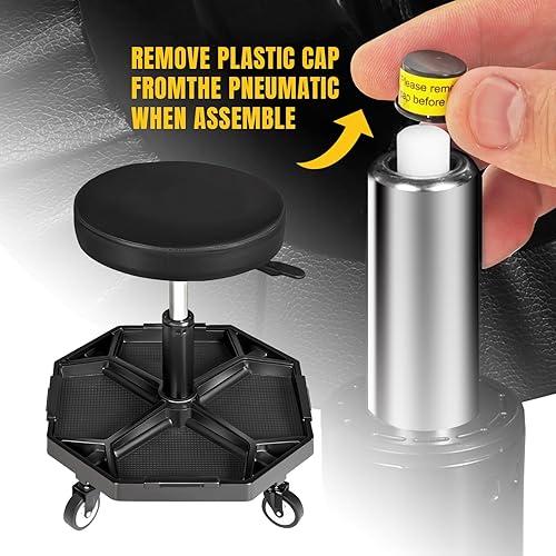 Miniatura 12 de YELLOW JACKET Asiento de garaje con ruedas y bandeja de herramientas extraíble, silla de taller de almacenamiento para reparación de automóviles