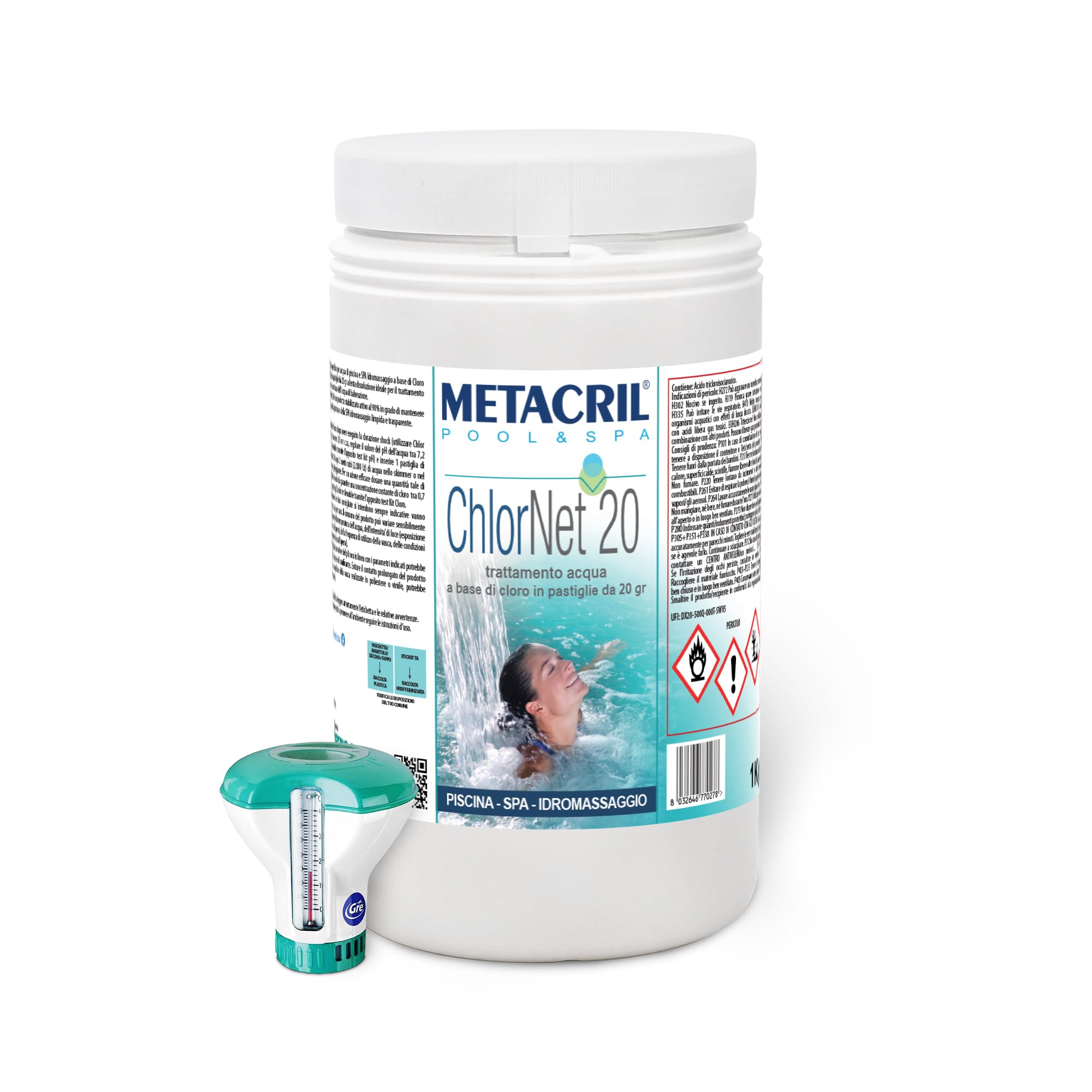 Metacril Chlor Net 20 + Distributeur Flottant, pastilles de Chlore 20 g, pour Piscine et Bain à remous - 1 KG