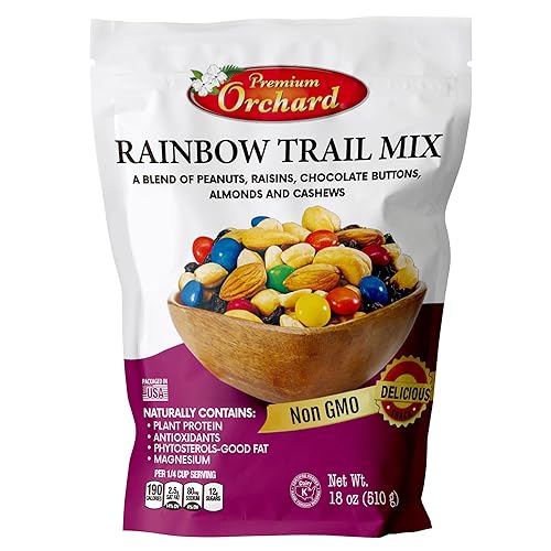 Mezcla de frutos secos arcoíris Trail Mix de Premium Orchard - Paquete de variedad de surtido de frutos secos saludables Maní Pasas Anacardo