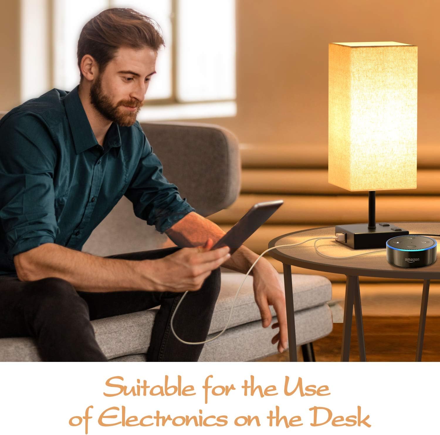 Touch Table Lamp, 3-Way Dimmable Touch Lamp Bedside Lamp with 2 USB Charging Ports and 2 AC Outlets, Modern Desk Lamp Nightstand Bedroom Lamp for Bedroom Living Room Reading Office, LED Bulb Included