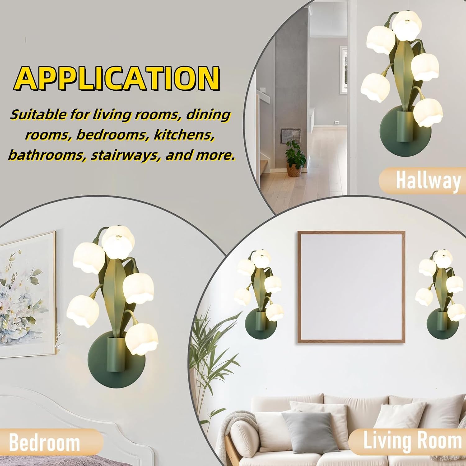 Flower Wall Sconce Light 5 Lily of The Valley Lights Flower Wall Light Fixture with 3 Color, Floral Wall Sconces Lily Bedside Wall Lamps with G4 Led Bulbs for Bedroom, Living Room (Green)