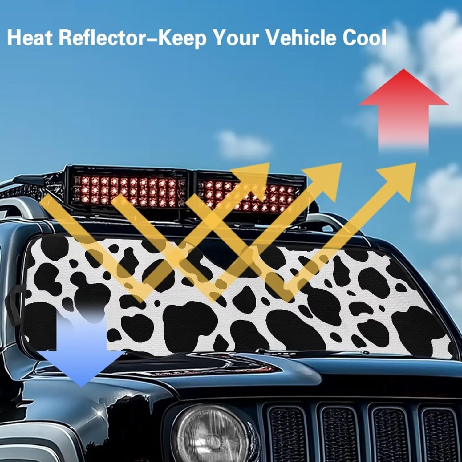 Pensura Cow Print Windshield Sunshade Sun Shade Heat Shield Car Sun Visor Mat for Jeep Wrangler JK JKU JL JLU1997-2024, Windshield Sunshade Block UV Keep Cool
