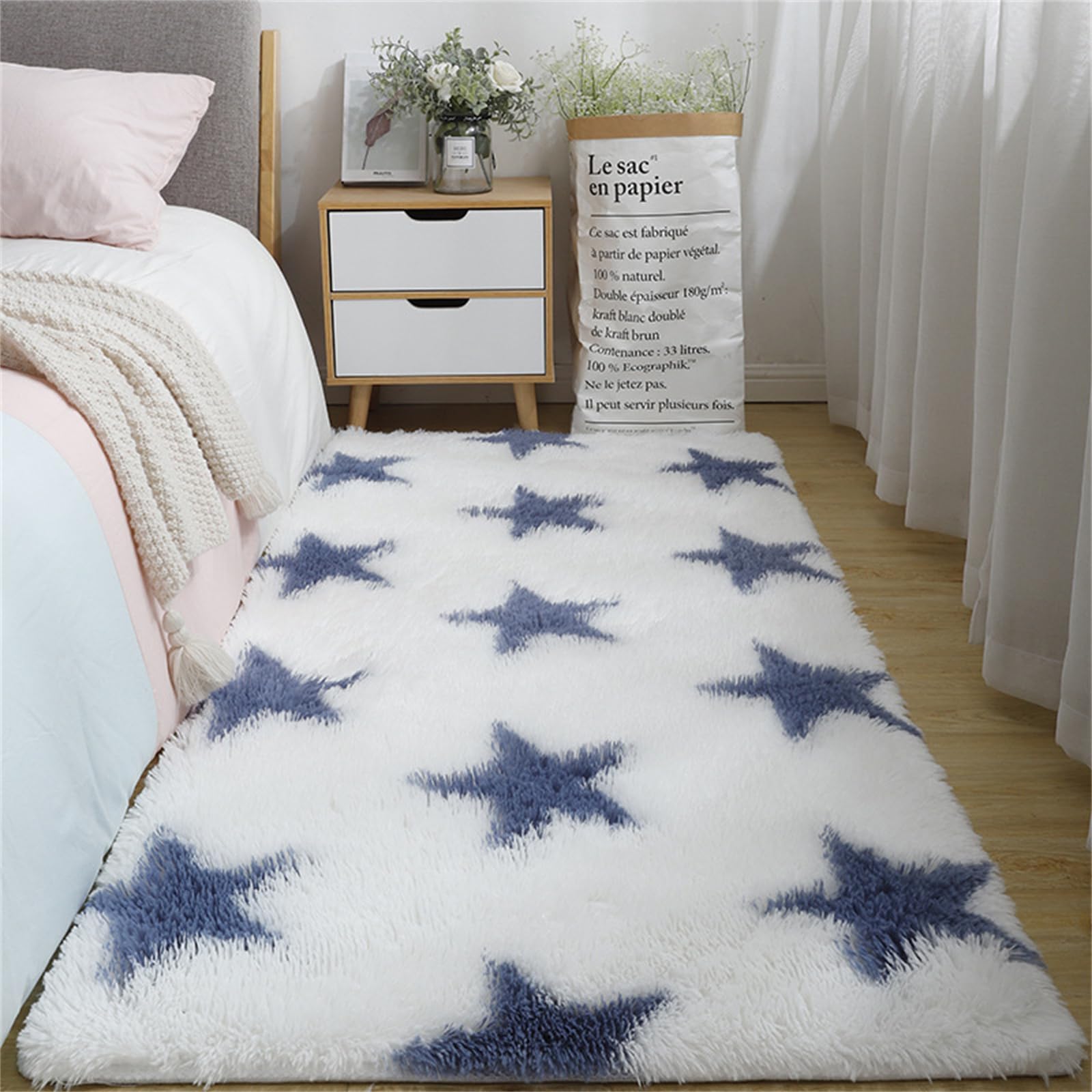 Teppich Wohnzimmer Flauschig, Soft Modern Eleganz Area Rug Weich Shaggy Teppiche Langflor rutschfest Fellteppich Kunstfell Fell Carpet für Schlafzimmer Nachttisch (160 * 230cm,Blaue Sterne)