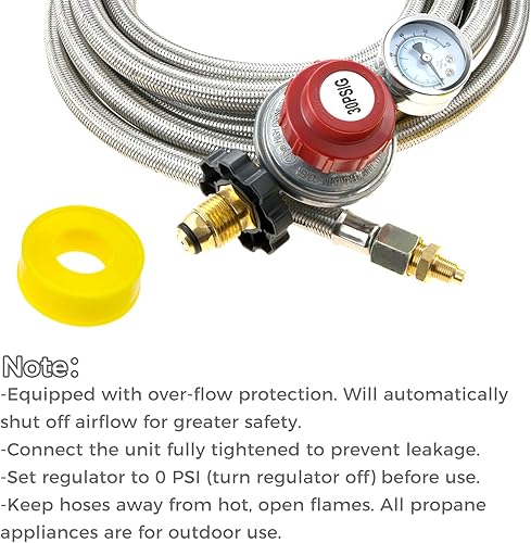 Miniatura 7 de Regulador de propano ajustable de alta presión de 12 pies 0-30PSI con manómetro, manguera trenzada de acero inoxidable con indicador de flujo de gas
