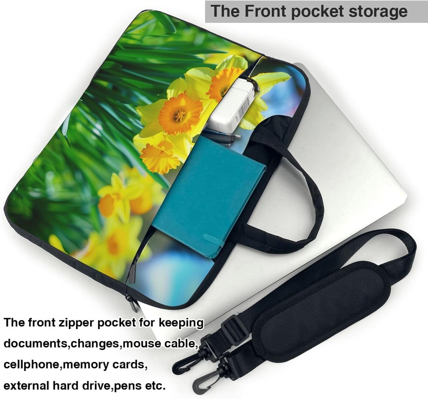 Daffodil Flower Print Laptop Bag, Three Layer Protection Shockproof Crossbody Laptop Shoulder Bag for Men and Women