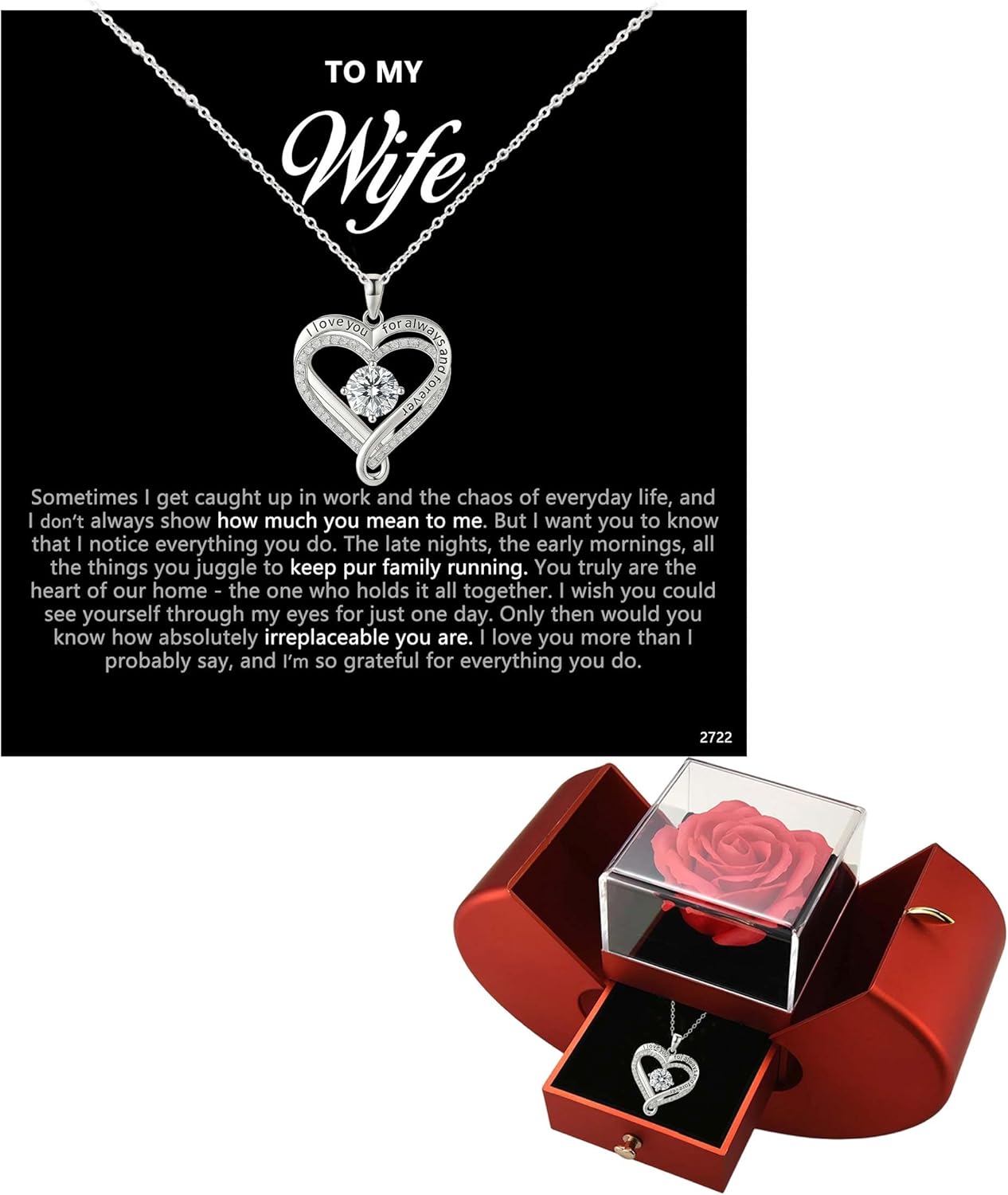 ziella Preserved Flowers Rose Box with Double Heart Necklace, Eternal Rose Gifts for Wife from Husband on Valentine's Day Anniversary Birthday(You're The Love of My Life, Silver)