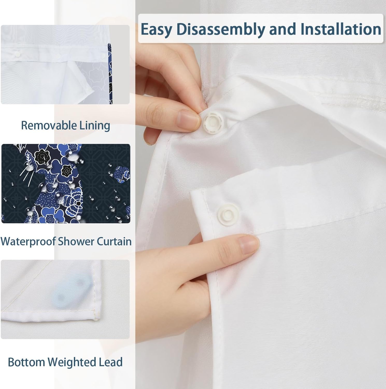 No Hook Cat Shower Curtain with Liner 71 x 74 Inches - Abstract Navy Blue Flower and Cat Design, Waterproof Fabric Bath Curtain and Breathable Mesh Top for Modern Farmhouse Bathroom Decor