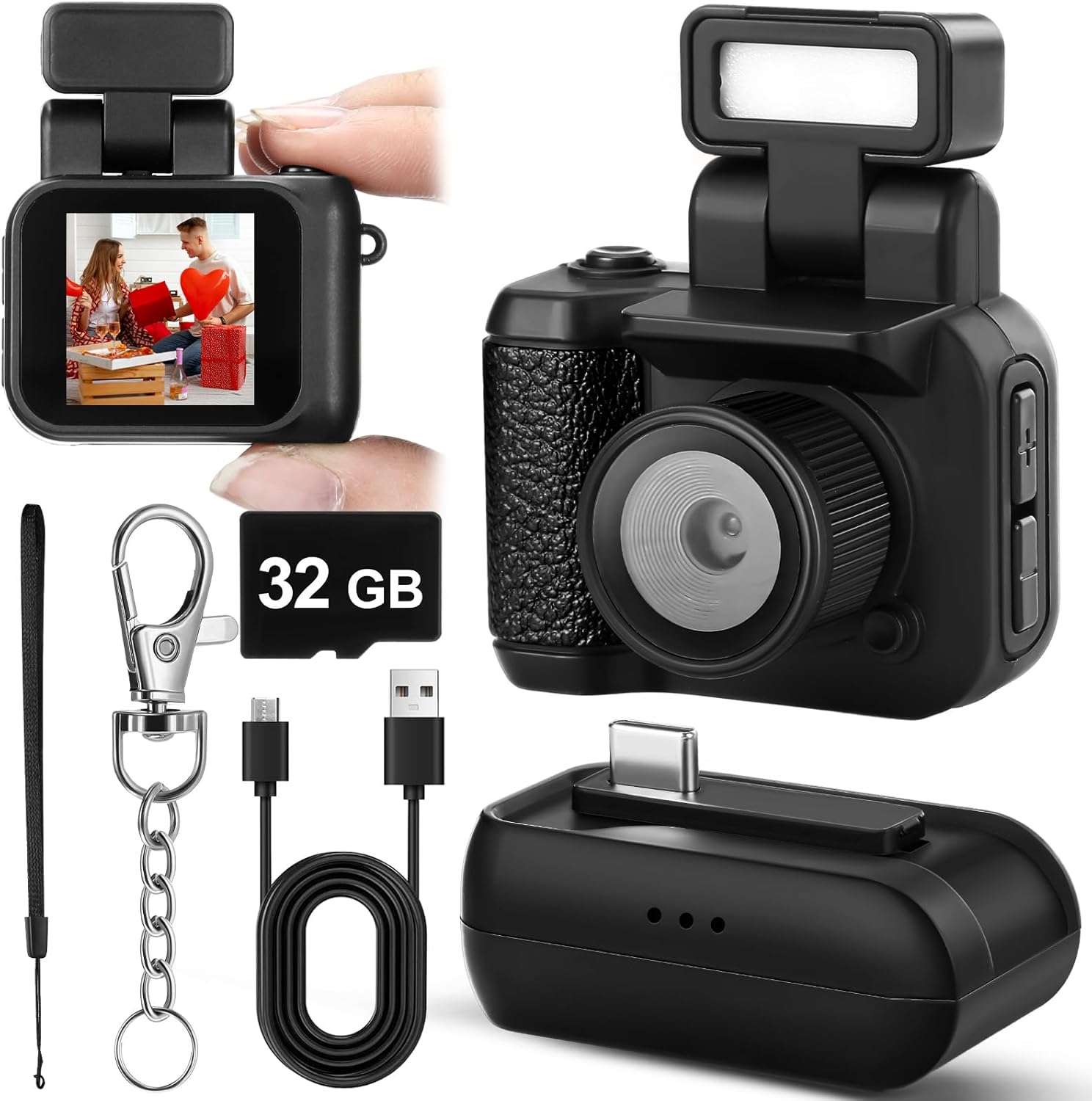 Mini Digital Camera Keychain with Flash Light 1080p Tiny Camera Mini Retro Micro Dv/Camcorder with 600 Mins Battery Portable Recorder for Valentine's Gifts Travel Study Recording(Black,32 Gb)