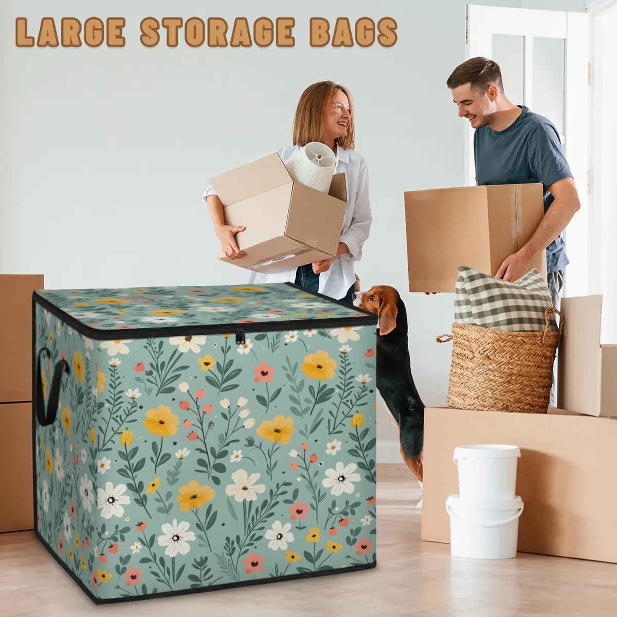 Honeybaby 214L Extra Large Comforter Storage Bag Floral Patterned Flower Storage Totes with Lids Waterproof Closet Organizer Folding Blanket Storage Bags for Clothes Bedding Pillows