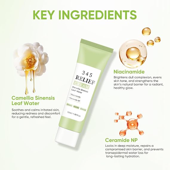 345 Relief Face Cream, Daily Moisturizer for Skin Soothing Recovery and Blemish Care with Niacinamide & Hyaluronic Acid, 1.69 Fl Oz