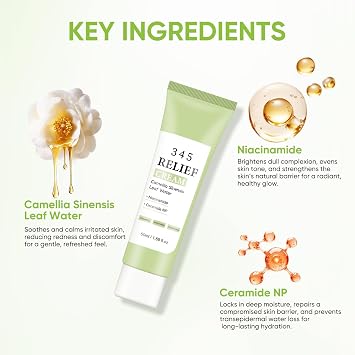 345 Relief Face Cream, Daily Moisturizer for Skin Soothing Recovery and Blemish Care with Niacinamide & Hyaluronic Acid, 1.69 Fl Oz