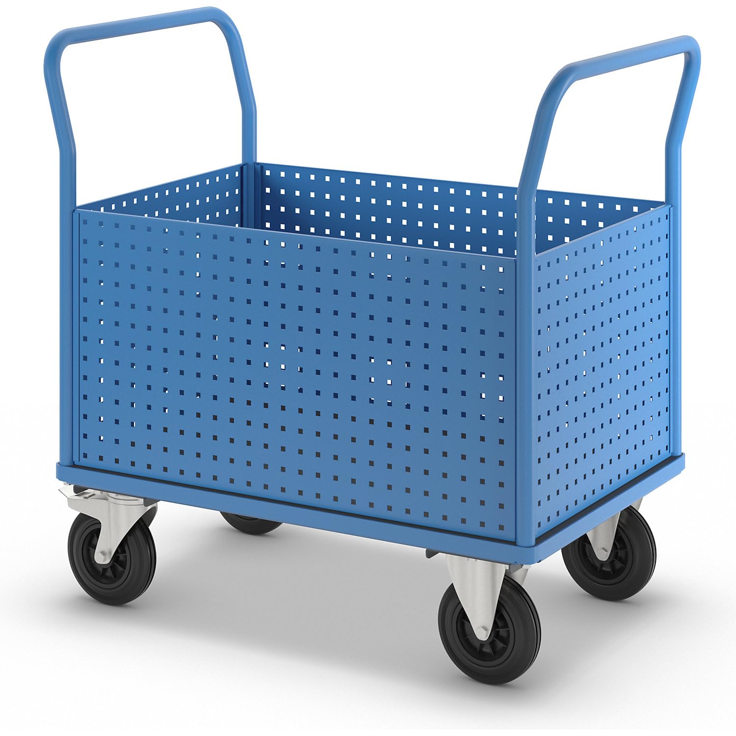 eurokraft pro | Plattformwagen | Mit 4 hohen Lochblechwänden, LxB 1050 x 700 mm, Vollgummi