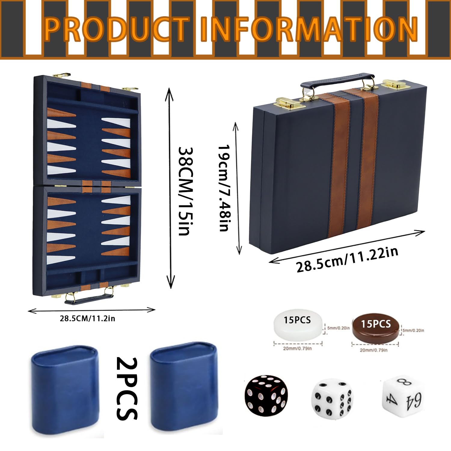 Backgammon Set legno Valigetta Backgammon da 11 pollici con Accessori Complet con Custodia in Pelle di Alta Qualità Set Portatile da Viaggio (11pollici, blu navy)