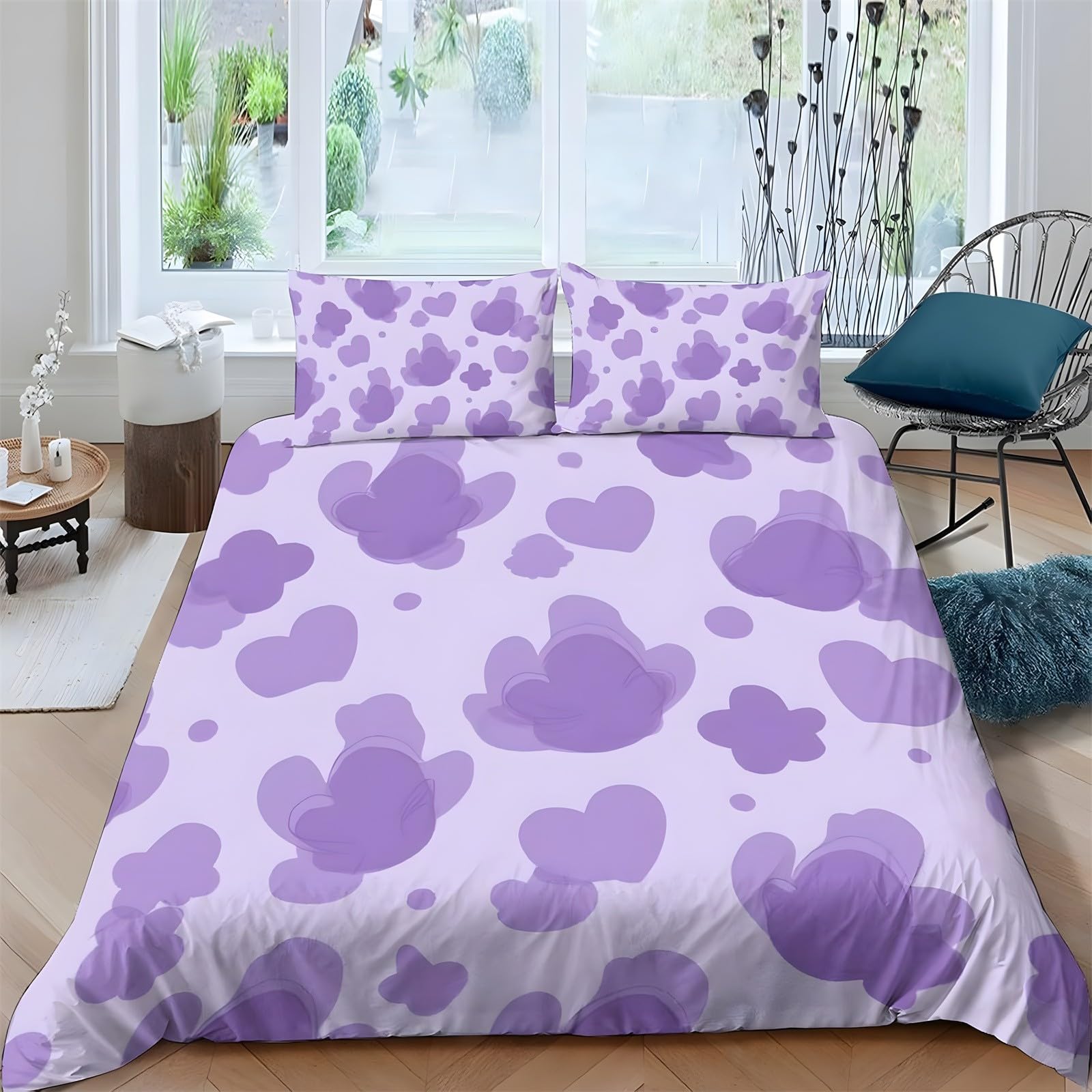 Ypthriline Super King Duvets Set Watercolor Florals Bedding Set Microfiber Purple Duvet Covers with Pillowcases Reversible Bedding With Zipper Closure 260x220CM