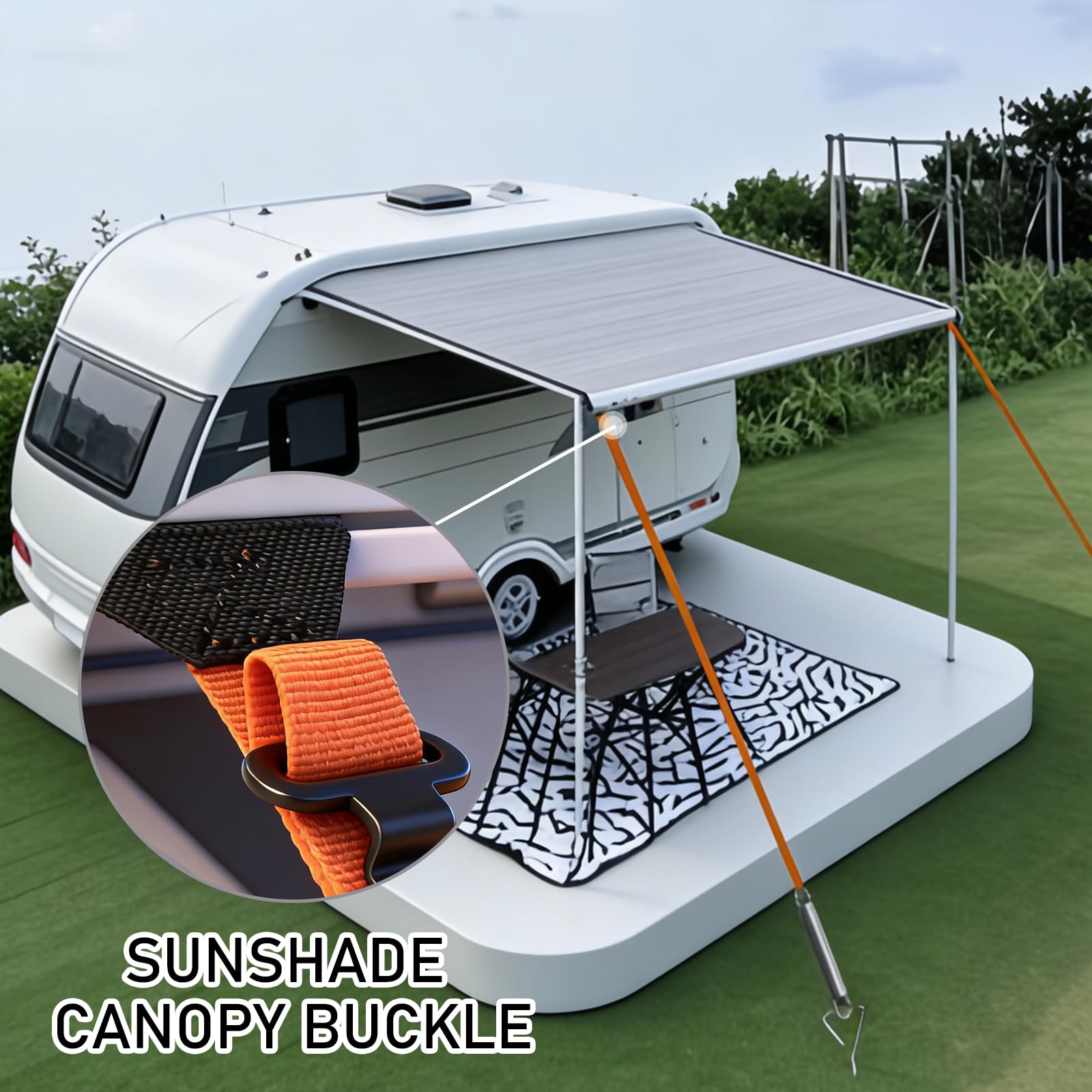 Awning Tie Down Kit for Motorhomes & Caravans, Universal Awning Storm Strap Kit with Adjustable Polyester Straps + Ground Anchors + Tension Springs + Storage Bag (Orange) — view 4