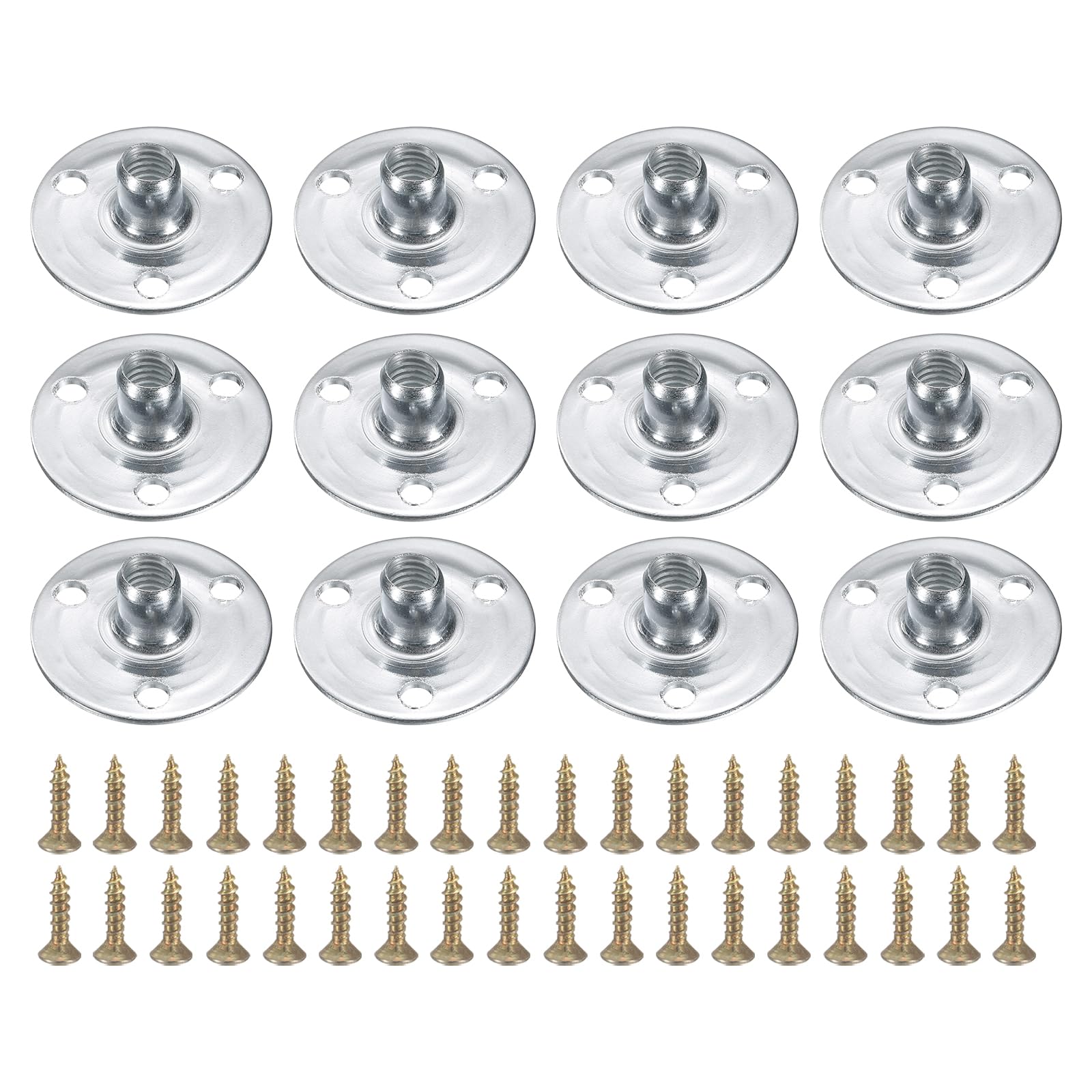 uxcell 12Pcs M6 T-Nuts, Zinc Plated Steel Brad Hole Tee Nut with Screws, 3-Hole Round Base Weld Nuts 11.2mm Height Through Hole Flange Insert Female Thread Plate Nuts, Silver