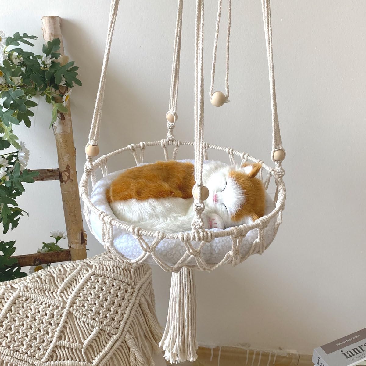 White Macrame Cat Hammock Boho Cat Hammock Bed Indoor Bohemian Cat Hanging Bed Cat Sleeping Bed Home Cat Swing 55.11 * 15.75 Inches