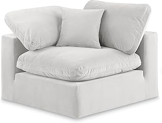 Meridian Furniture 189Cream-Corner Comfy Collection Modern | Contemporary Velvet Upholstered Corner Chair, Soft Cream Velvet, Down Feather Cushions, 40" W x 40" D x 34.5" H, Cream
