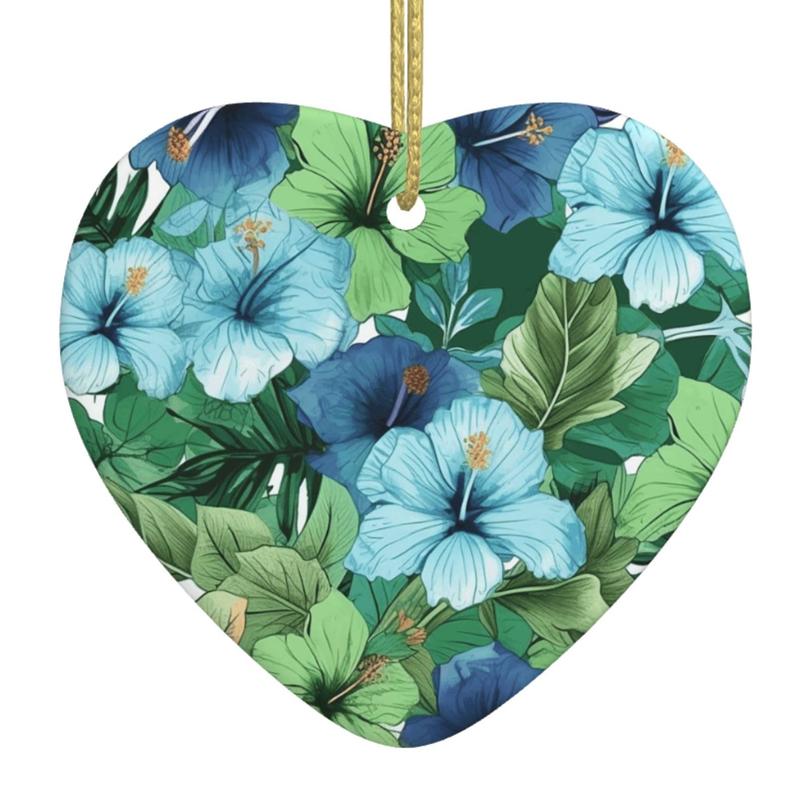 Green and Blue Hibiscus Flowers Christmas Ornament 2025 Heart Ceramic Hanging Ornaments for Home Decor Christmas Decorations with Gold Rope Double-Sided Xmas Tree Ceramic Hanging for Holiday Party