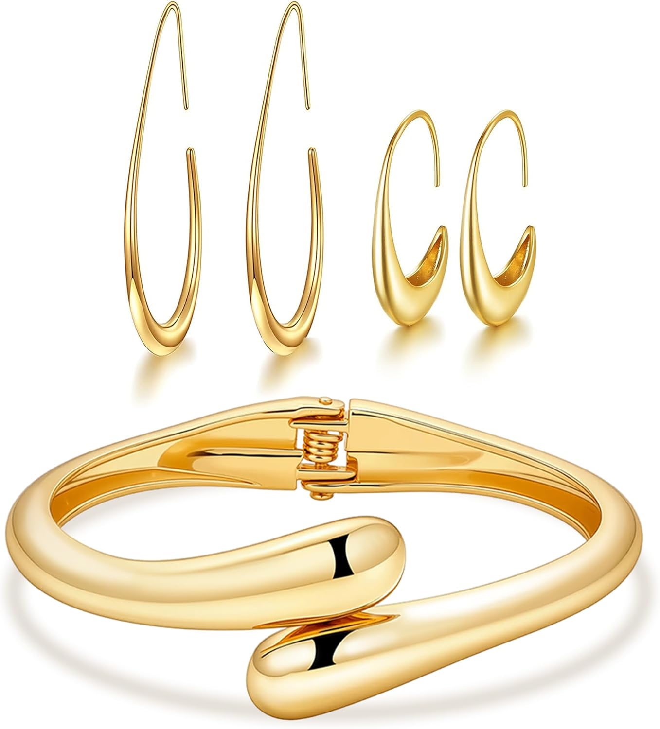 5pcs Gold Bangle Cuff Bracelets Oval Hoop Earrings for Women Teardrop Hoop Earrings Bracelets Set for Women Jewelry Gift